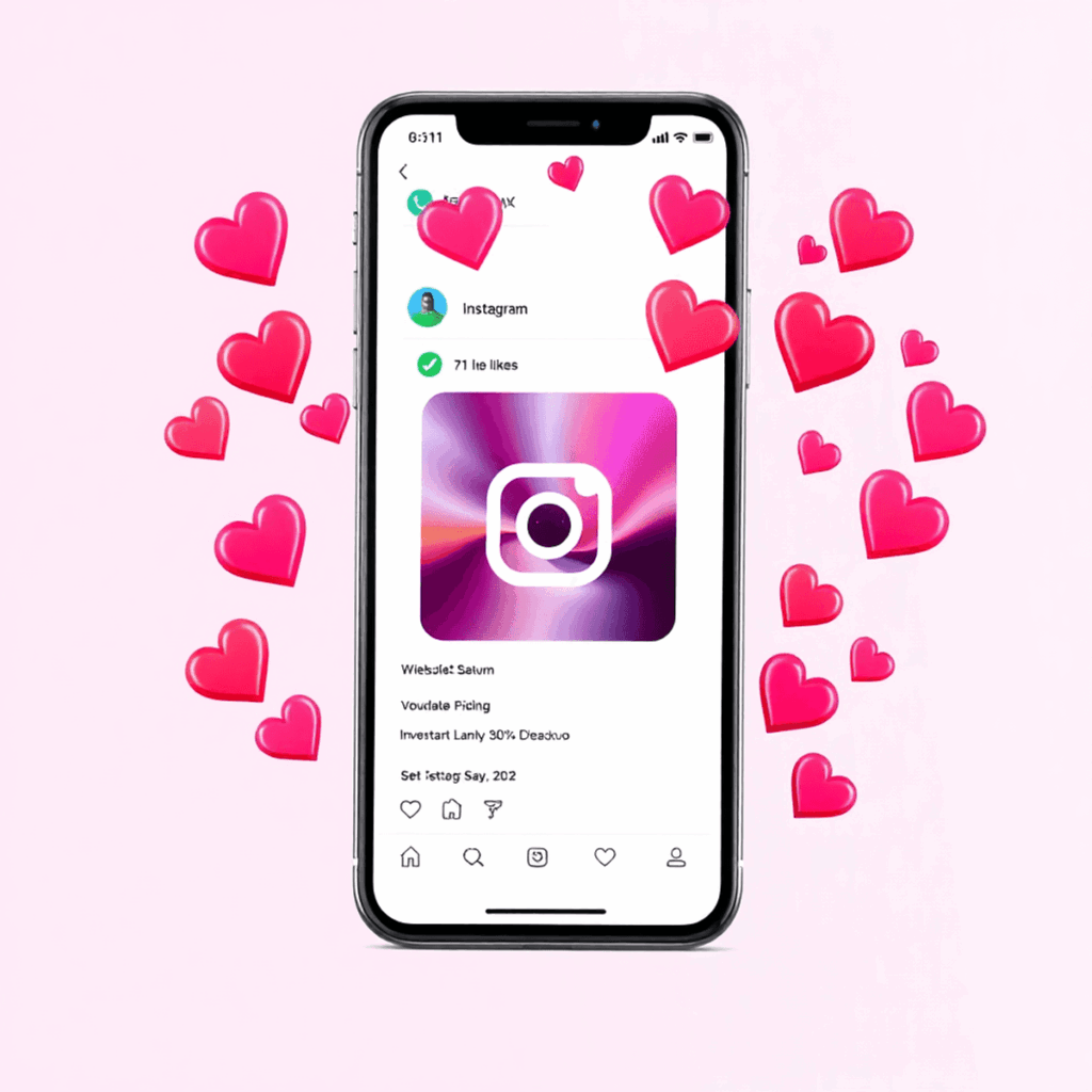 Smartphone-Bildschirm zeigt ein Instagram Reel mit schwebenden Likes und Herzsymbolen, die das Engagement und die Beliebtheit in sozialen Medien re...