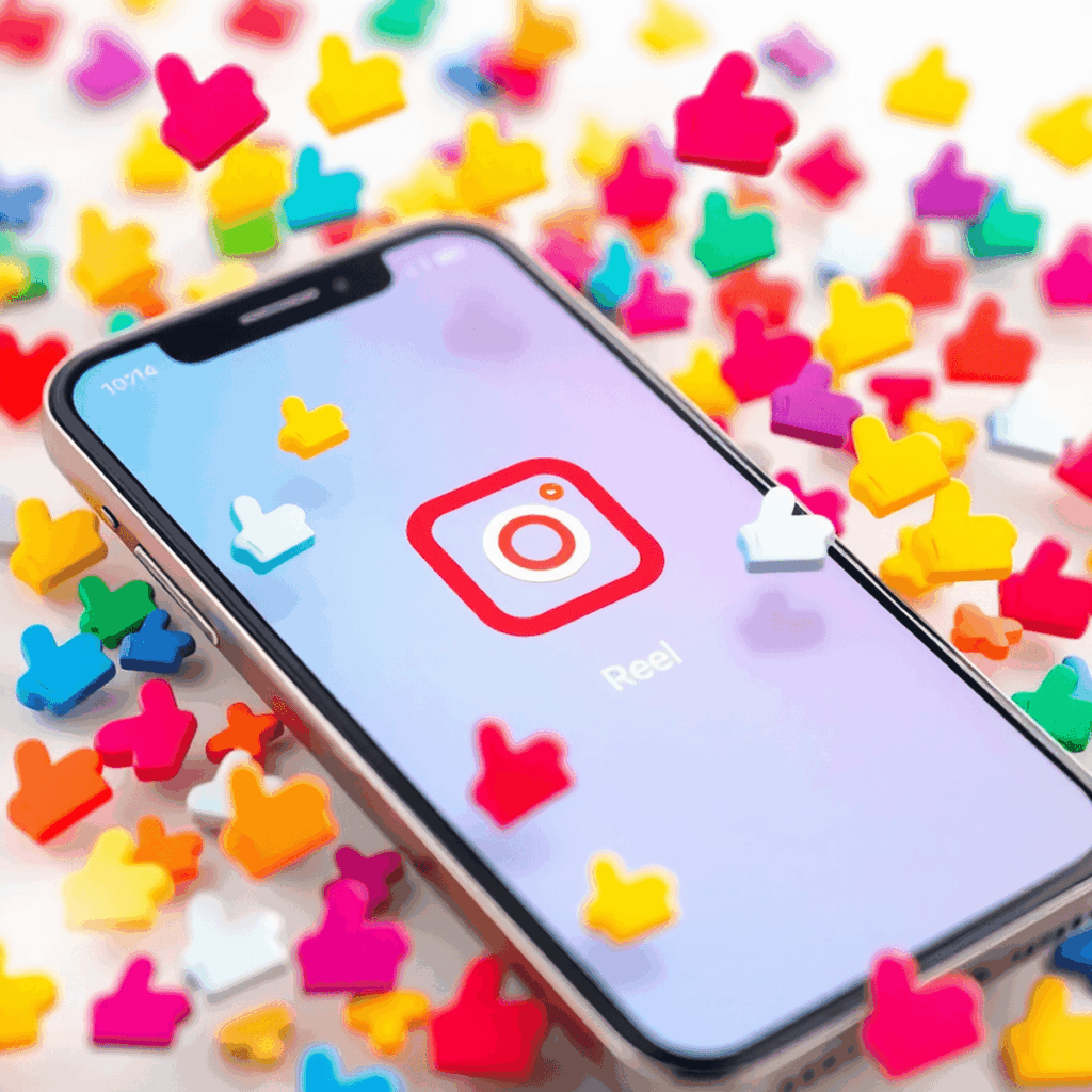 Smartphone-Bildschirm zeigt ein Instagram Reel mit bunten Like-Icons, die herumschweben und hohe Interaktion und Wachstum in sozialen Medien symbol...