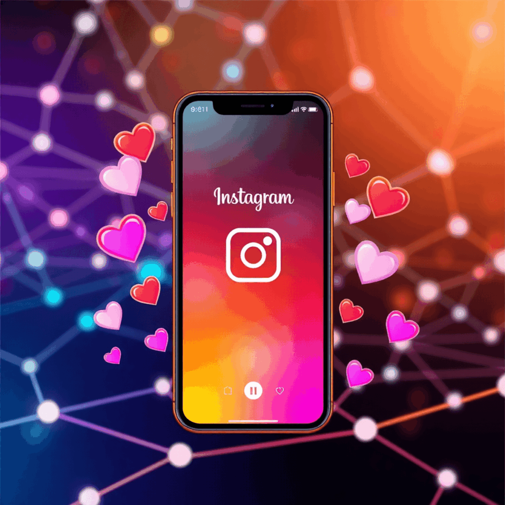 Smartphone, das ein Instagram Reel mit schwebenden Herzsymbolen anzeigt, vor einem technologieinspirierten Hintergrund mit abstrakten Netzwerklinie...