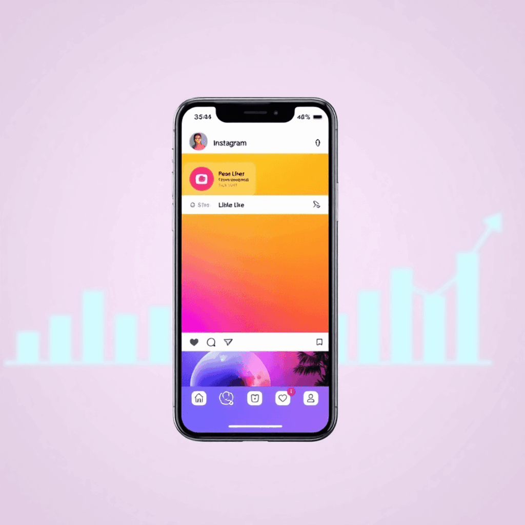 Smartphone, das ein Instagram Reel mit vielen Likes und Engagement-Icons zeigt, vor einem bunten Hintergrund für Social Media Marketing mit digital...
