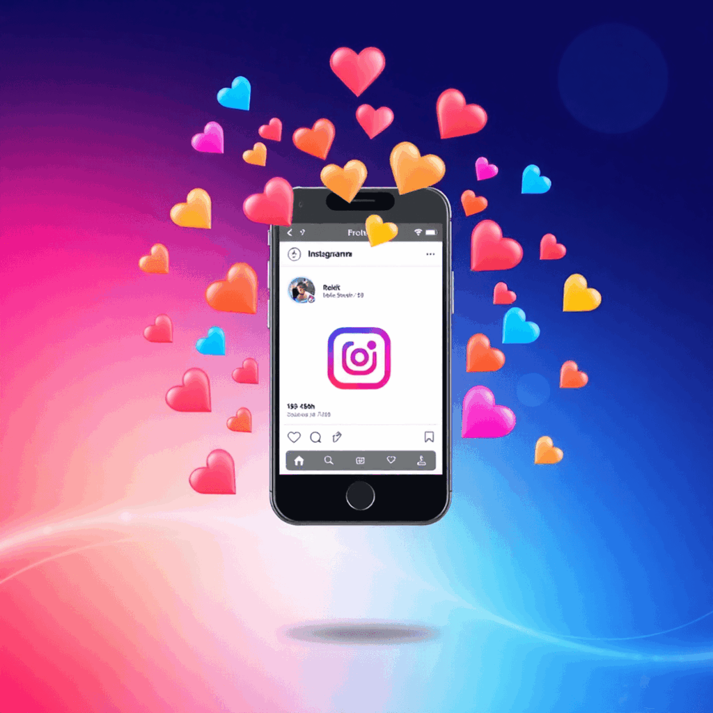 Smartphone, der ein Instagram Reel mit bunten Herz-Icons zeigt, umgeben von einem hellen, dynamischen Hintergrund mit Grafiken aus sozialen Medien.