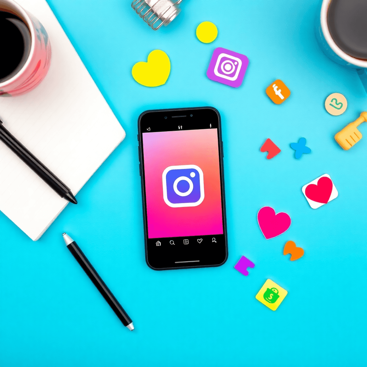 Smartphone mit Instagram-Oberfläche, umgeben von Notizbuch, Stift, Kaffeetasse und bunten Social-Media-Symbolen auf hellem Hintergrund.