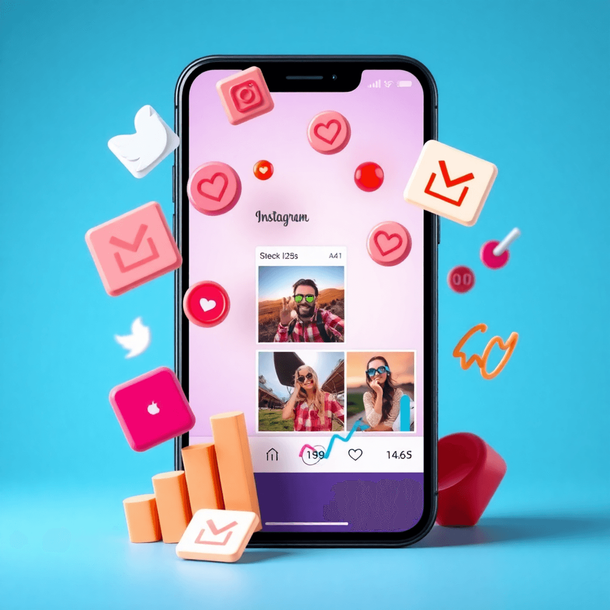 Smartphone mit Instagram Reels, umgeben von Like-Icons und Analysegrafiken, symbolisiert Chancen und Grenzen beim Kauf von Reel-Likes.