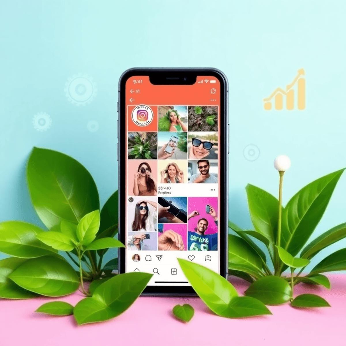 Smartphone mit Instagram Reels, umgeben von grünen Blättern und Wachstumssymbolen, symbolisiert nachhaltiges Wachstum in sozialen Medien.