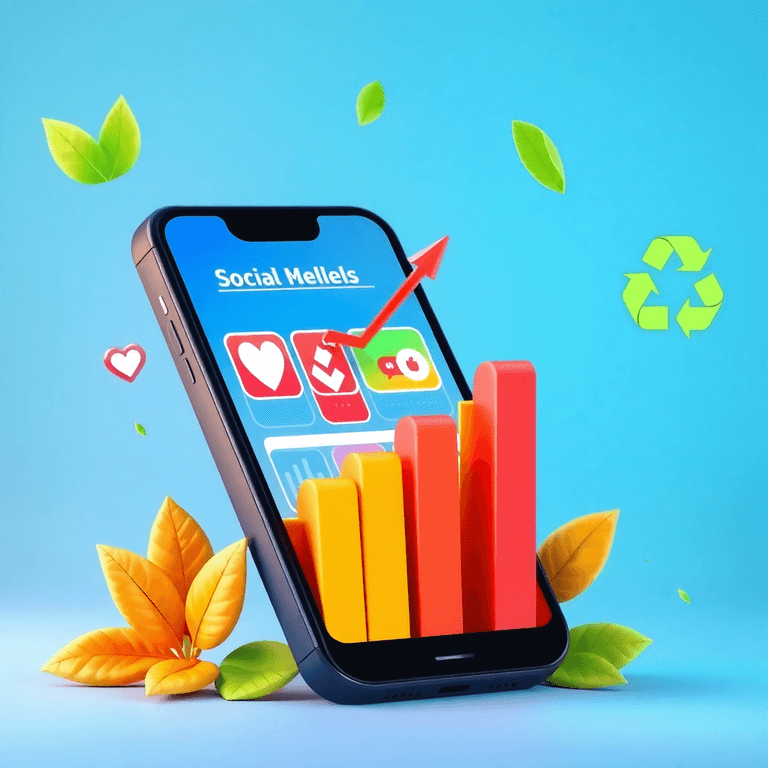 Smartphone mit bunten Social-Media-Reels, aufsteigenden Grafiken und nachhaltigen Symbolen wie Blättern und Recycling für nachhaltiges Wachstum.