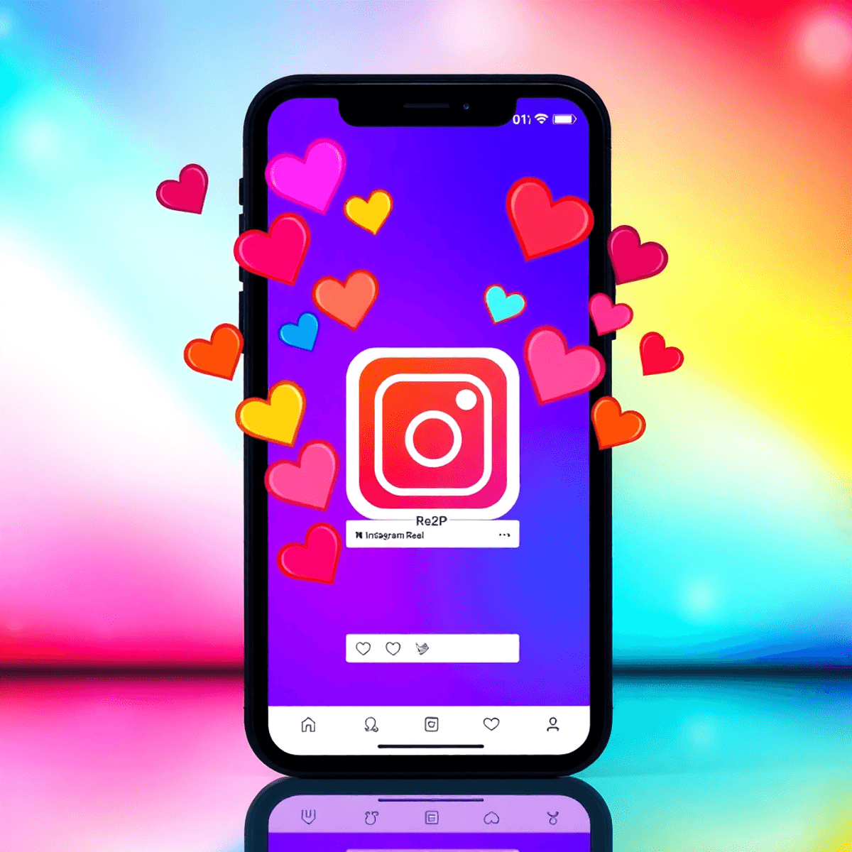 Smartphone zeigt Instagram Reel mit bunten Herz-Likes, vor hellem, modernem Hintergrund, der soziale Medien und Beliebtheit symbolisiert.