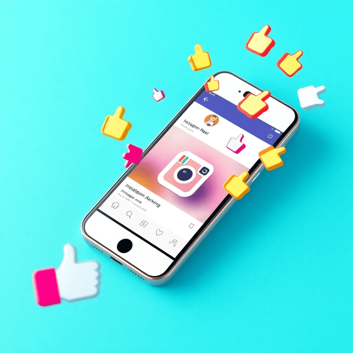 Smartphone zeigt Instagram Reel mit bunten Like-Icons, die um den Bildschirm schweben, symbolisiert gesteigertes Engagement und clevere Social-Media-Werbung.