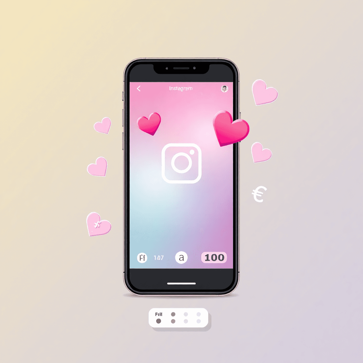 Smartphone zeigt Instagram Reel mit schwebenden Herz-Icons, Euro-Symbolen und Preisschild vor hellem, modernem Hintergrund.