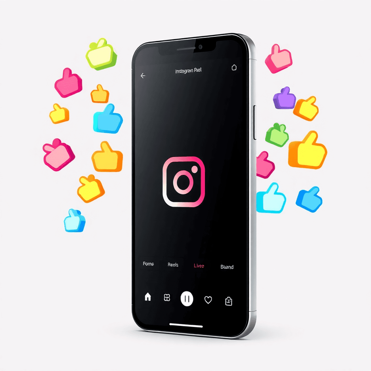 Smartphone zeigt Instagram Reel mit vielen bunten Like-Symbolen, die Engagement und Popularität darstellen. Realistischer, moderner Stil.