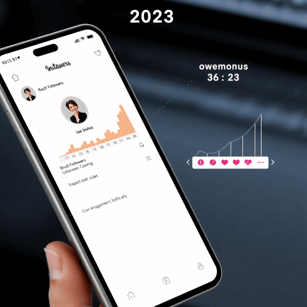 Smartphone zeigt das Wachstum des Instagram-Profils aufgeteilt: schneller Anstieg mit Bot-Icons, die mit "Gekaufte Follower" gekennzeichnet sind, u...