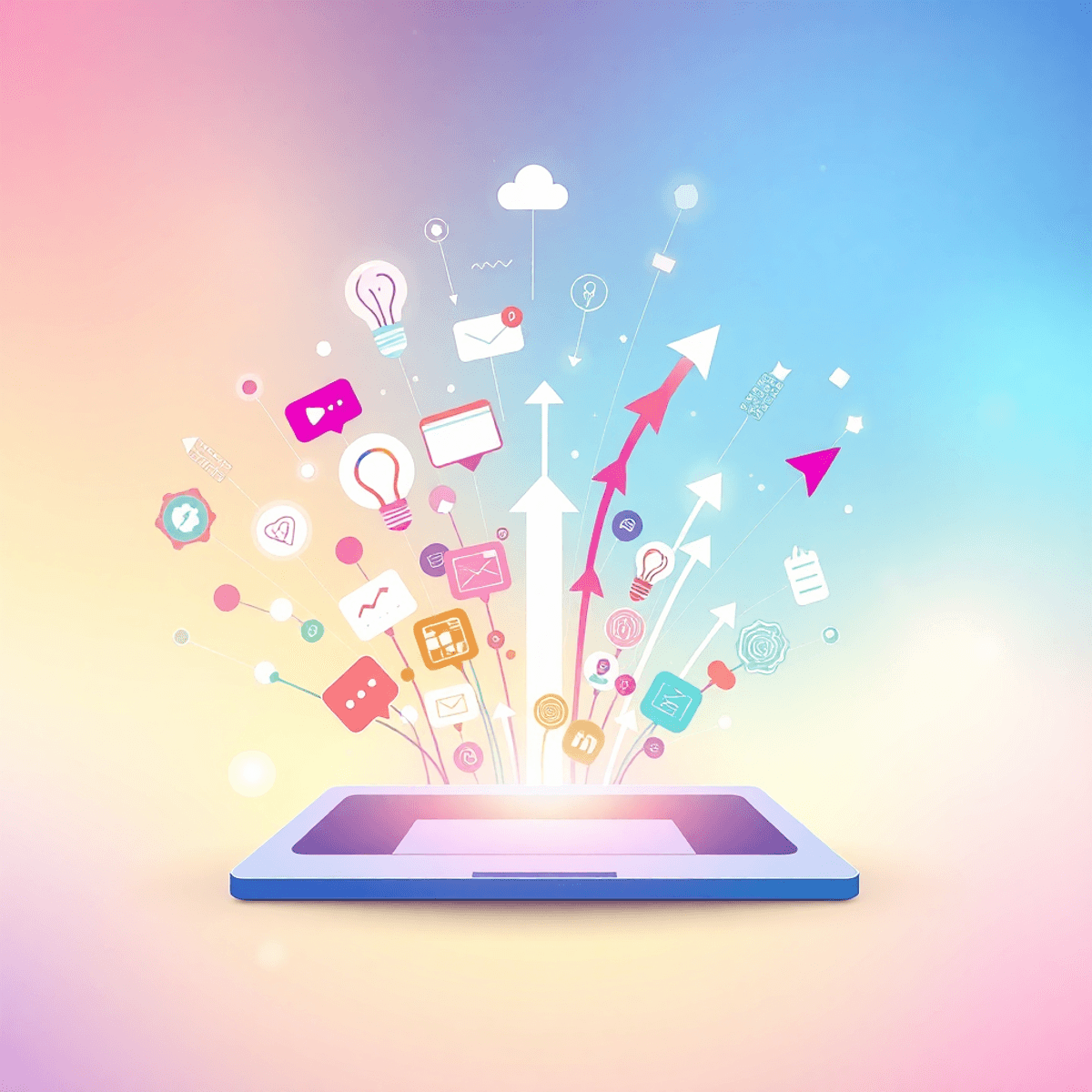 Bunte Illustration mit Laptop, abstrakten Icons wie Glühbirnen, Sprechblasen und Pfeilen, umgeben von digitalen Verbindungslinien vor hellem, einladendem Hintergrund.