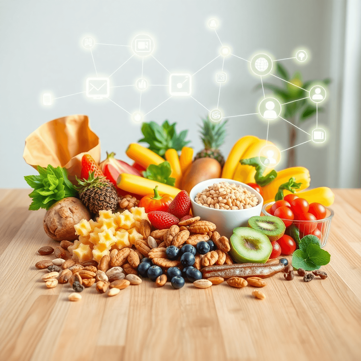 Bunte gesunde Snacks auf Holztisch, darüber schwebende digitale Symbole und Verbindungslinien vor modernem Hintergrund.