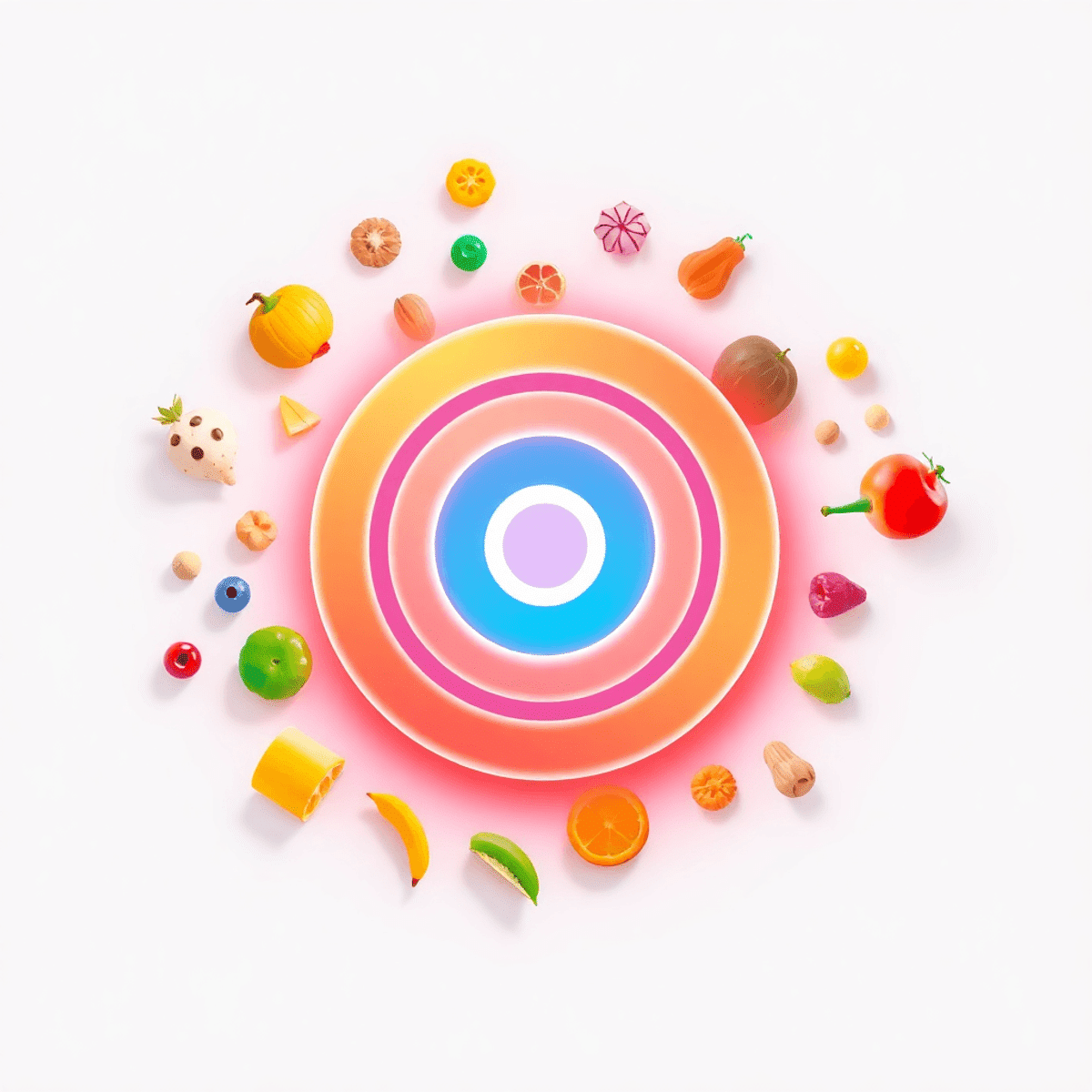 Bunte, realistische Mini-Food-Icons um ein leuchtendes Zielsymbol auf modernem Hintergrund mit dynamischen Formen für fokussierten Inhalt.